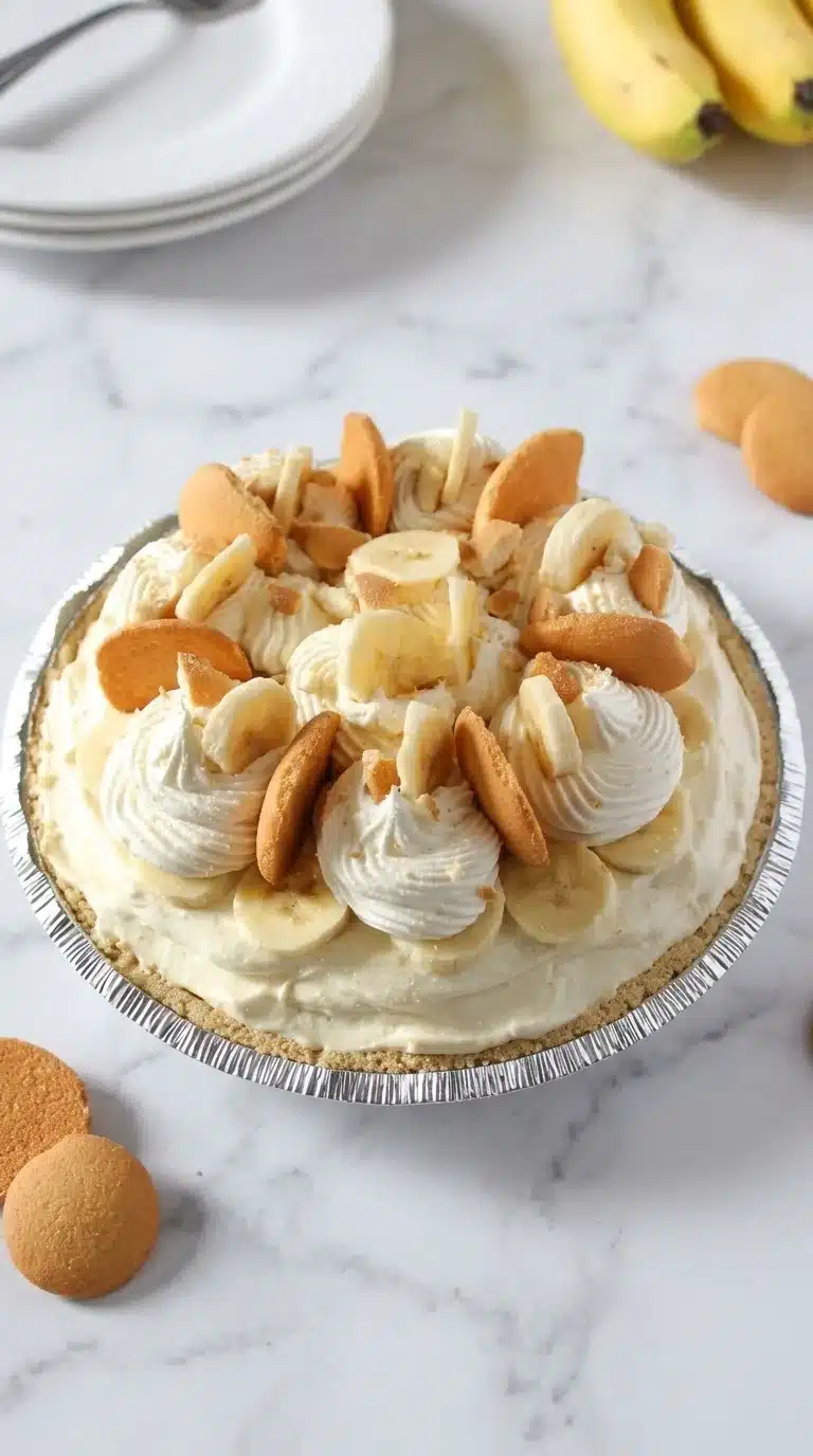 No Bake Banana Pudding Cheesecake Photorealistic No Bake Banana Pudding Cheesecake on white marble, naturally plated, ready to serve with natural daylight.