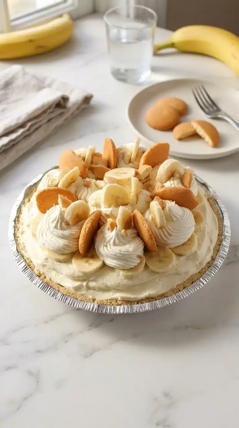 No Bake Banana Pudding Cheesecake Photorealistic No Bake Banana Pudding Cheesecake serving on white marble, fresh, inviting, everyday meal. 9:16 vertical.