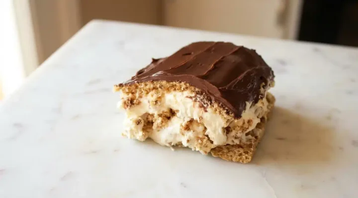 Photorealistic No bake Chocolate Eclair Cake, finished and ready to serve, on white marble. Natural daylight.