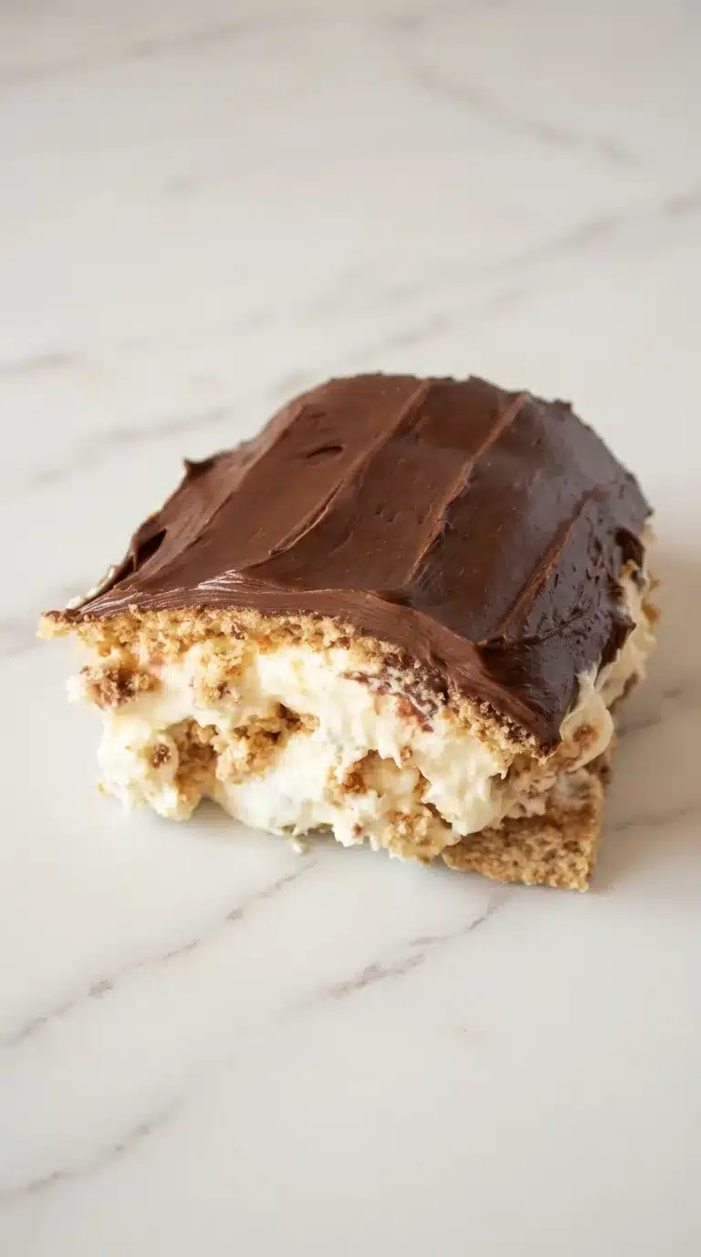 Photorealistic No bake Chocolate Eclair Cake, freshly plated and ready to serve on white marble, natural side daylight.