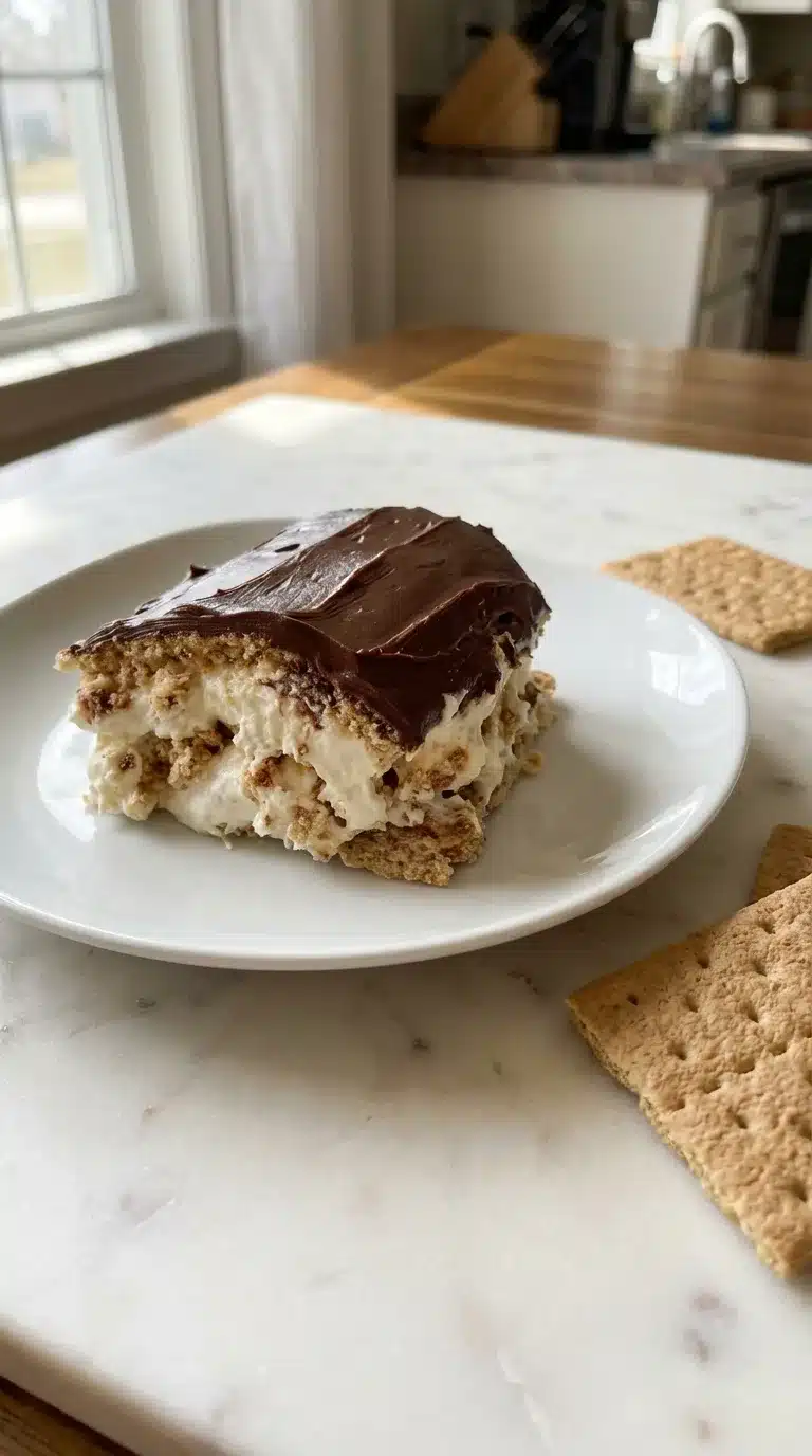 No bake Chocolate Eclair Cake served in a normal portion, photorealistic on white marble. Freshly baked, ready to eat.