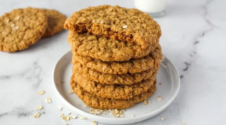 Photorealistic Oatmeal Crispies, freshly cooked and naturally plated on white marble, ready to be enjoyed.