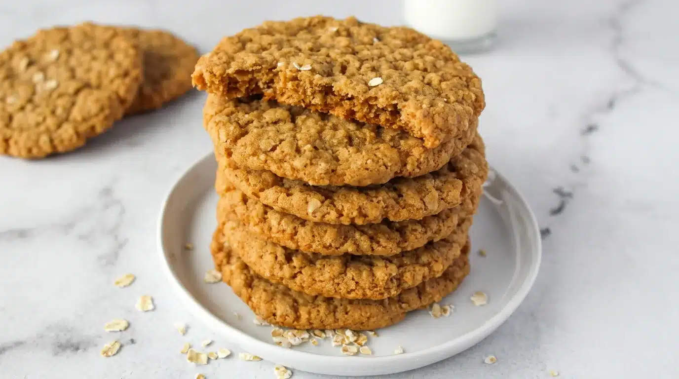 Photorealistic Oatmeal Crispies, freshly cooked and naturally plated on white marble, ready to be enjoyed.