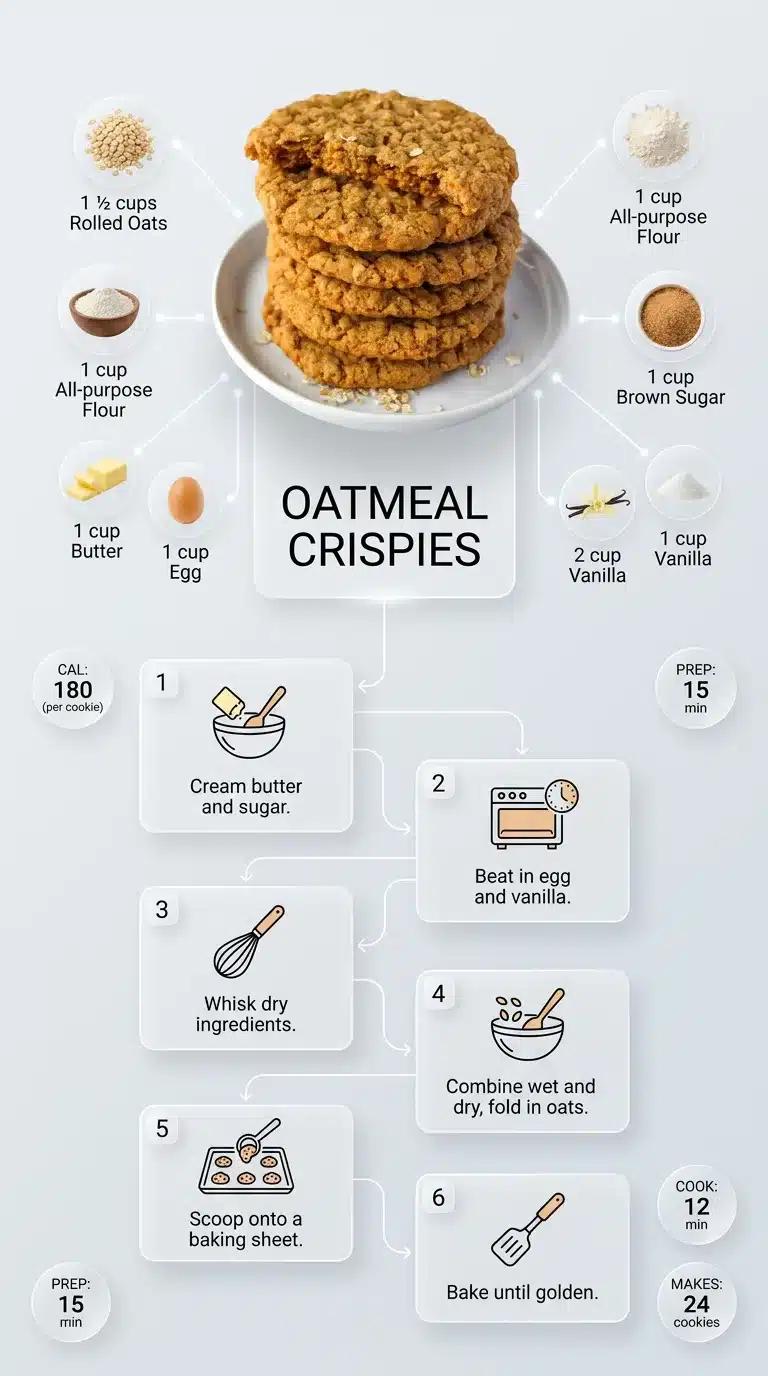 Oatmeal Crispies recipe infographic with plated cookies, ingredients, and step-by-step preparation. Vertical 9x16 design.
