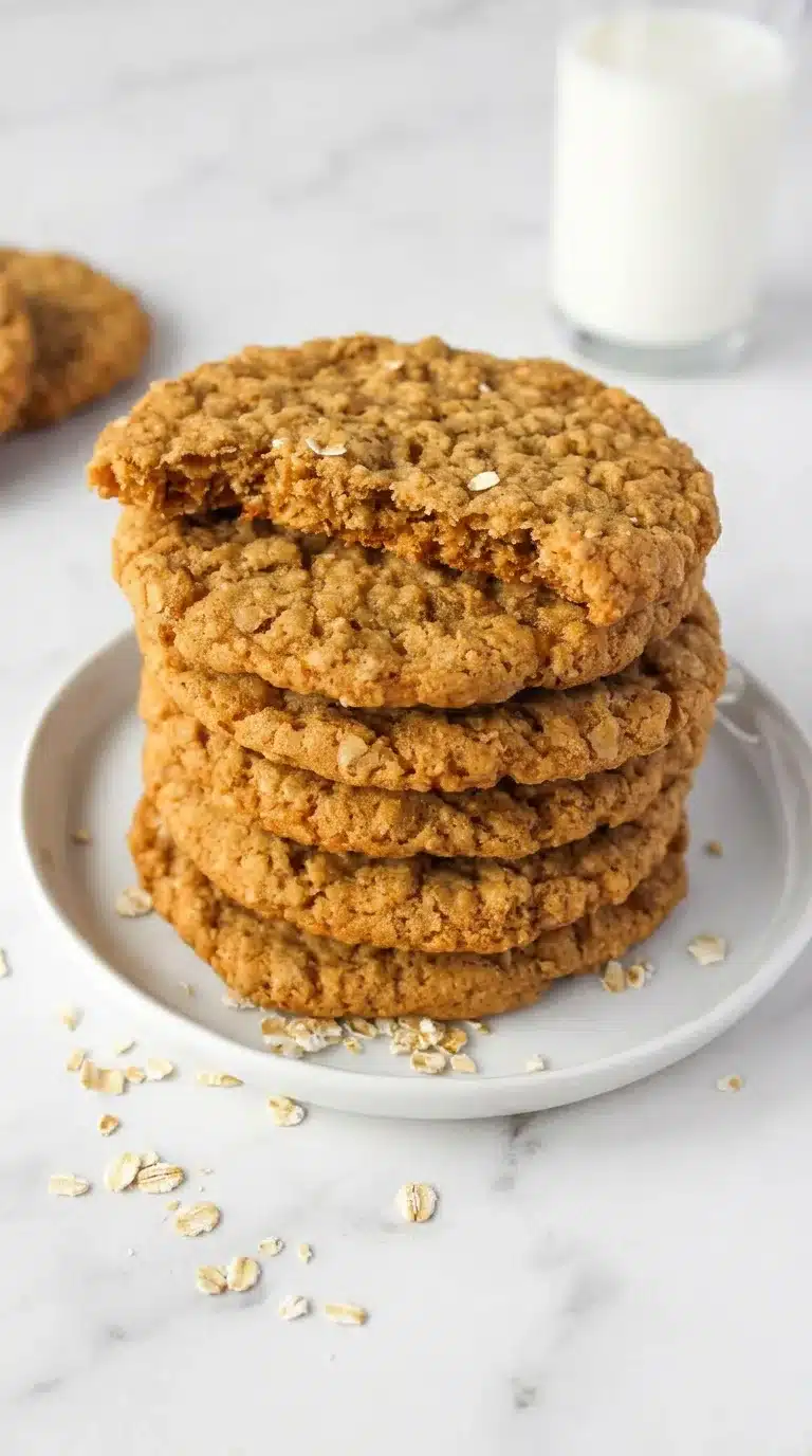 Photorealistic food photography of freshly cooked Oatmeal Crispies, naturally plated on white marble, ready to serve.