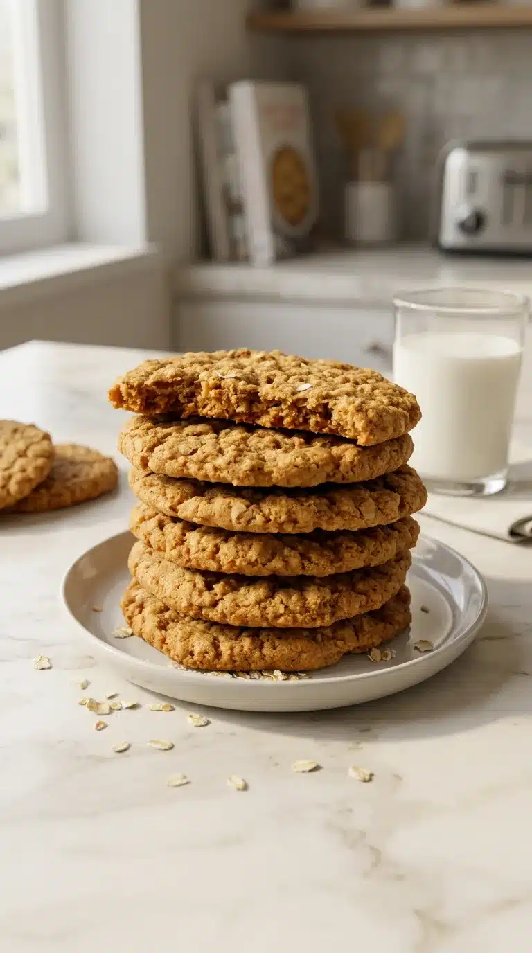 Photorealistic Oatmeal Crispies served as part of an everyday meal on white marble, freshly baked and ready to eat.