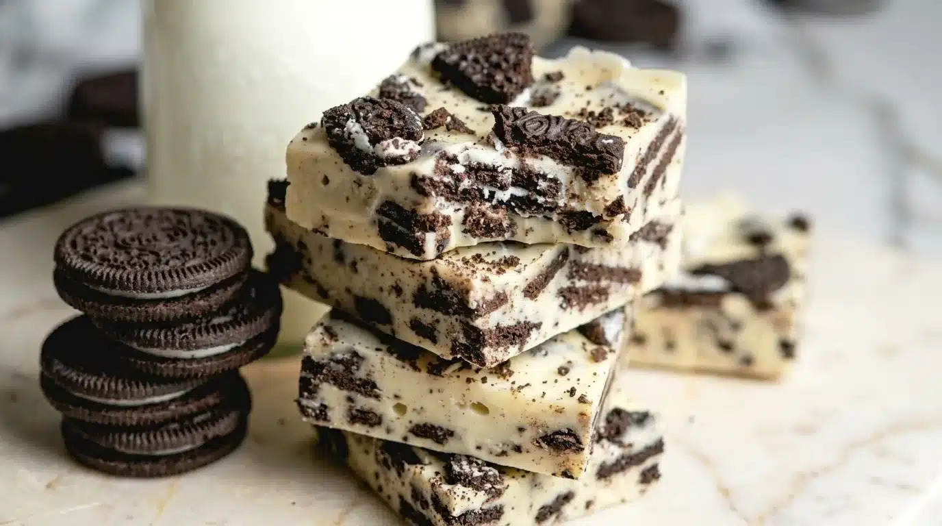 Photorealistic Oreo Fudge ready to serve, naturally plated on white marble with natural daylight, a perfect homemade dessert.