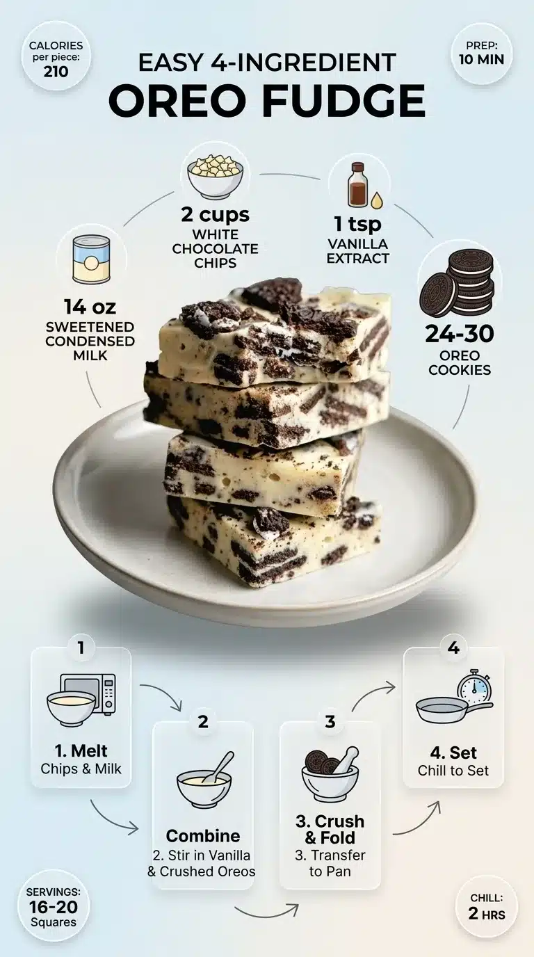 Modern Oreo Fudge recipe infographic with finished cookies, detailed ingredients, and step-by-step preparation. High-resolution 9:16 layout.