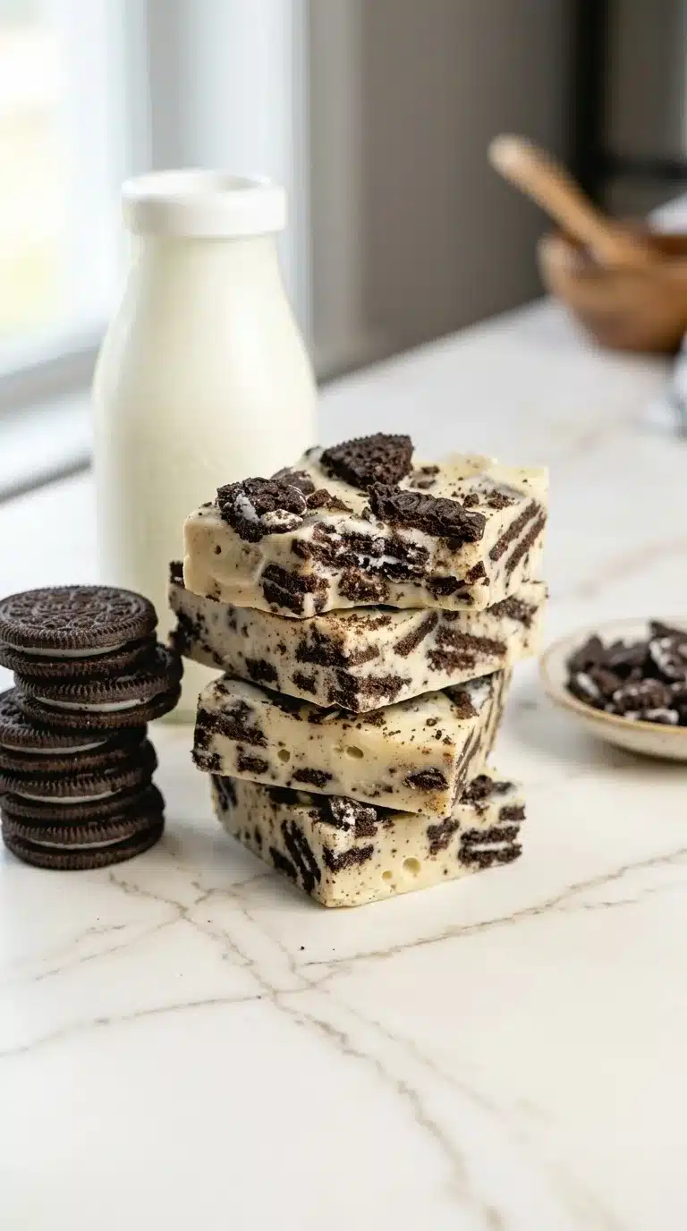 Photorealistic Oreo Fudge, finished and ready to serve, naturally plated on clean white marble with subtle veining and soft matte finish.