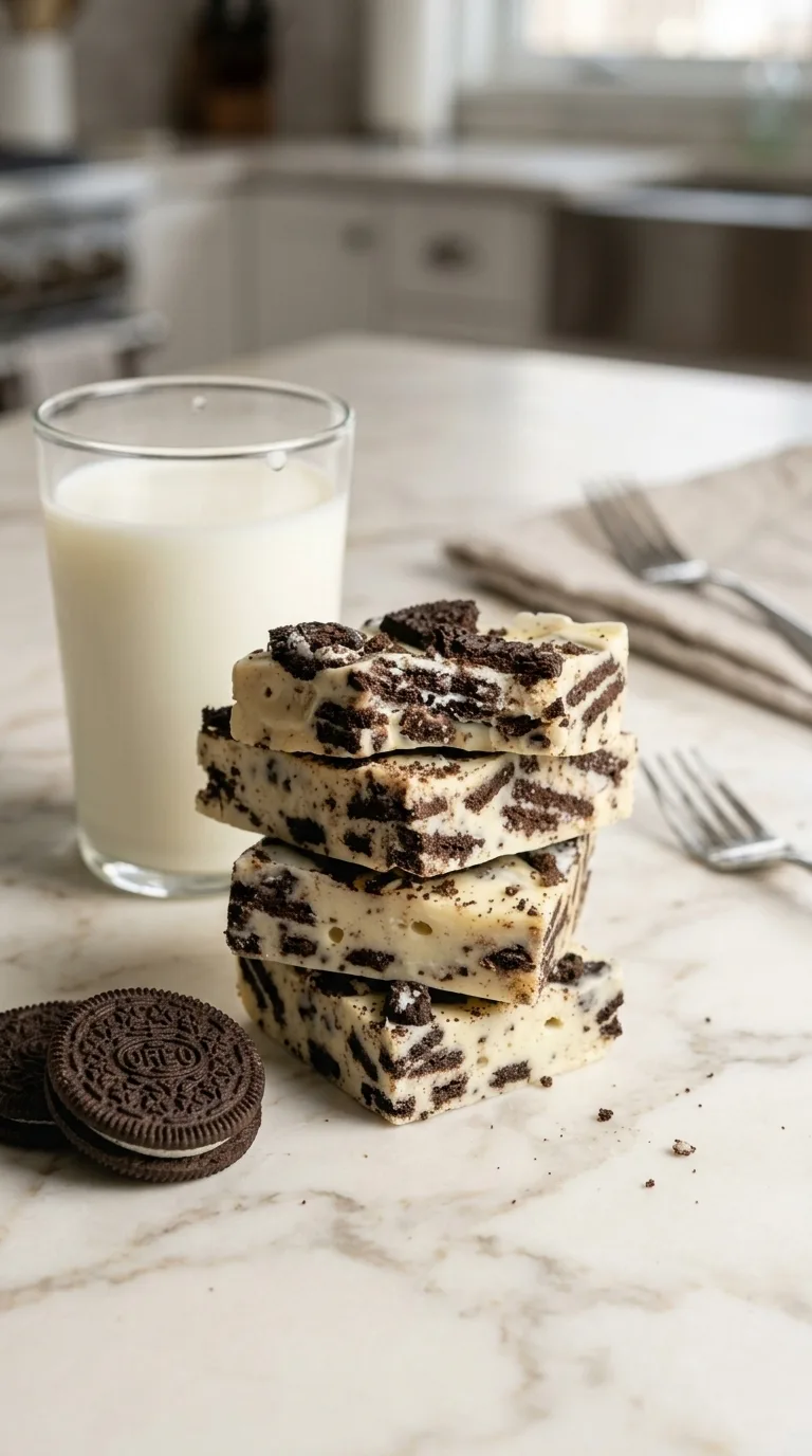 Photorealistic Oreo fudge, freshly baked and served on white marble. Natural daylight creates soft shadows, a warm and inviting everyday meal.