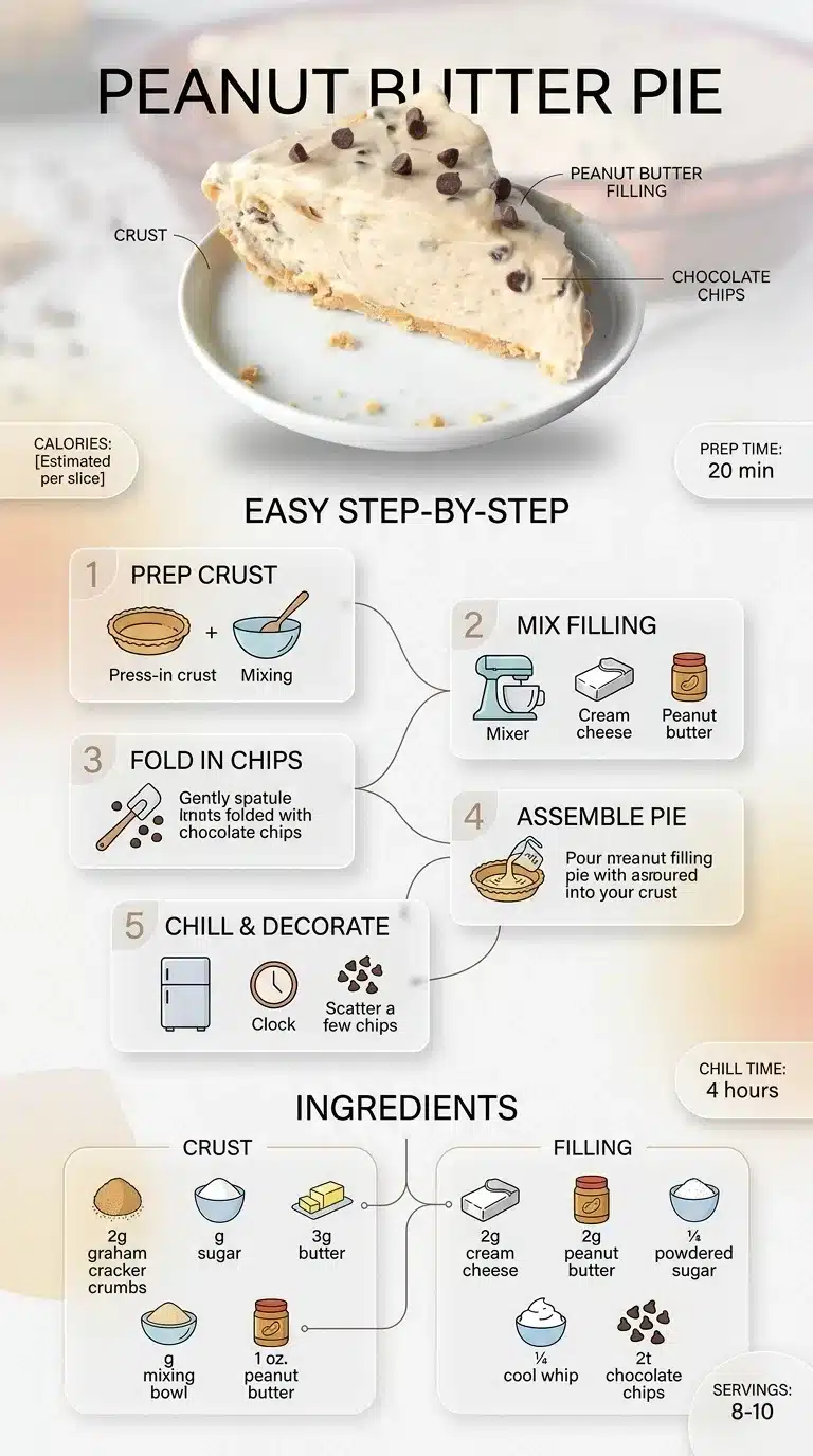 Peanut Butter Pie Peanut Butter Pie recipe infographic: A delicious slice plated, with ingredients and step-by-step instructions. Modern 9:16 layout.