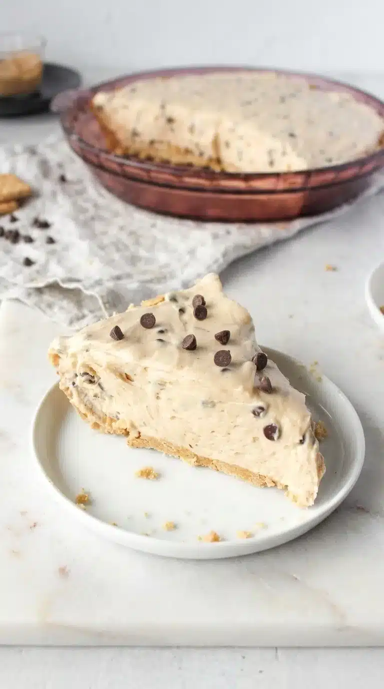 Peanut Butter Pie Photorealistic Peanut Butter Pie, freshly plated on white marble, ready to serve. Natural side daylight, home kitchen feel.