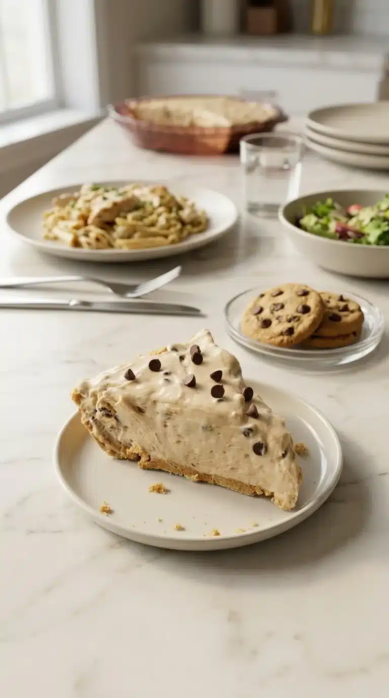 Peanut Butter Pie Photorealistic Peanut Butter Pie serving, freshly baked in a comfortable home kitchen, ready to eat, natural daylight.
