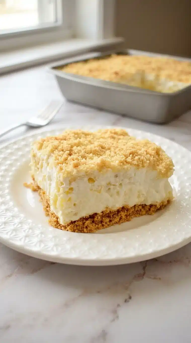 Photorealistic Pineapple Dream Dessert, freshly baked and served with simple neutral sides on white marble. Everyday meal presentation.