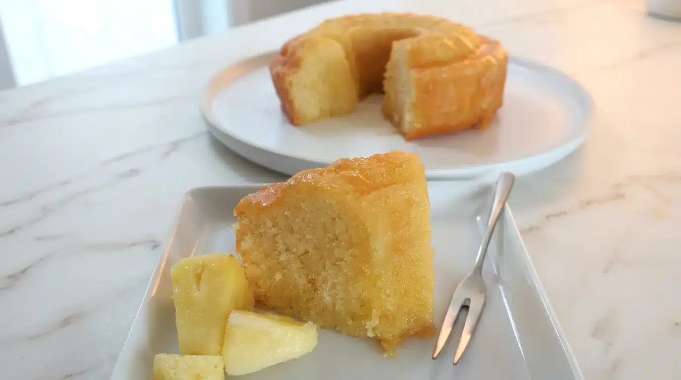 Photorealistic Pineapple Juice Cake, naturally plated, freshly cooked, ready to serve on white marble with natural daylight.