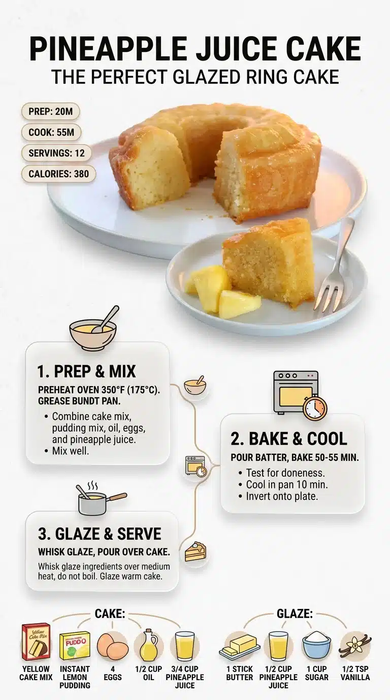 Pineapple Juice Cake Ultra clean modern infographic for Pineapple Juice Cake, showing finished cookies, ingredients with icons, and step-by-step preparation.