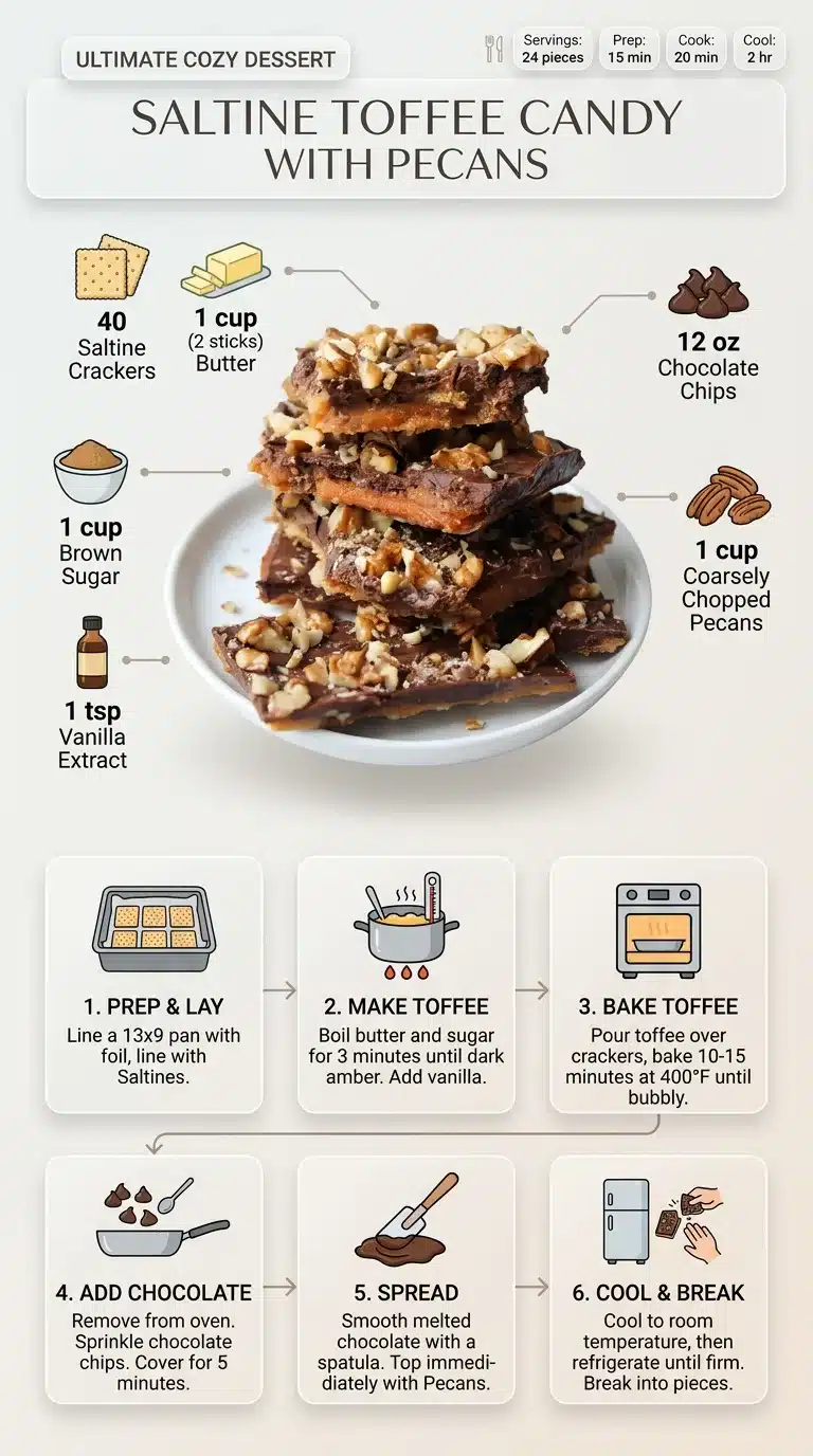 Infographic for Saltine Toffee Candy With Pecans recipe, showing plated cookies, ingredient icons, and step-by-step preparation. Includes prep/cook times.