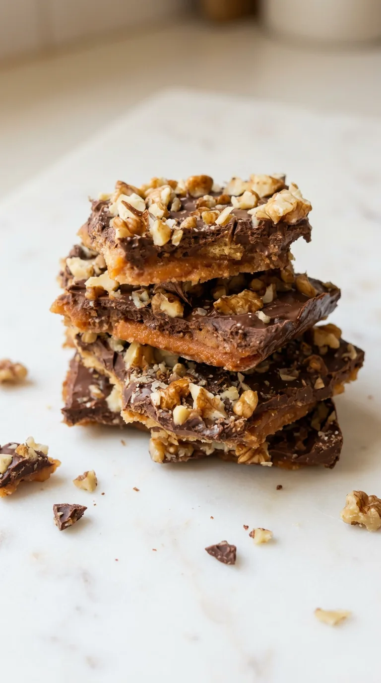 Photorealistic Saltine Toffee Candy With Pecans, ready to serve on white marble. Naturally plated and freshly cooked.