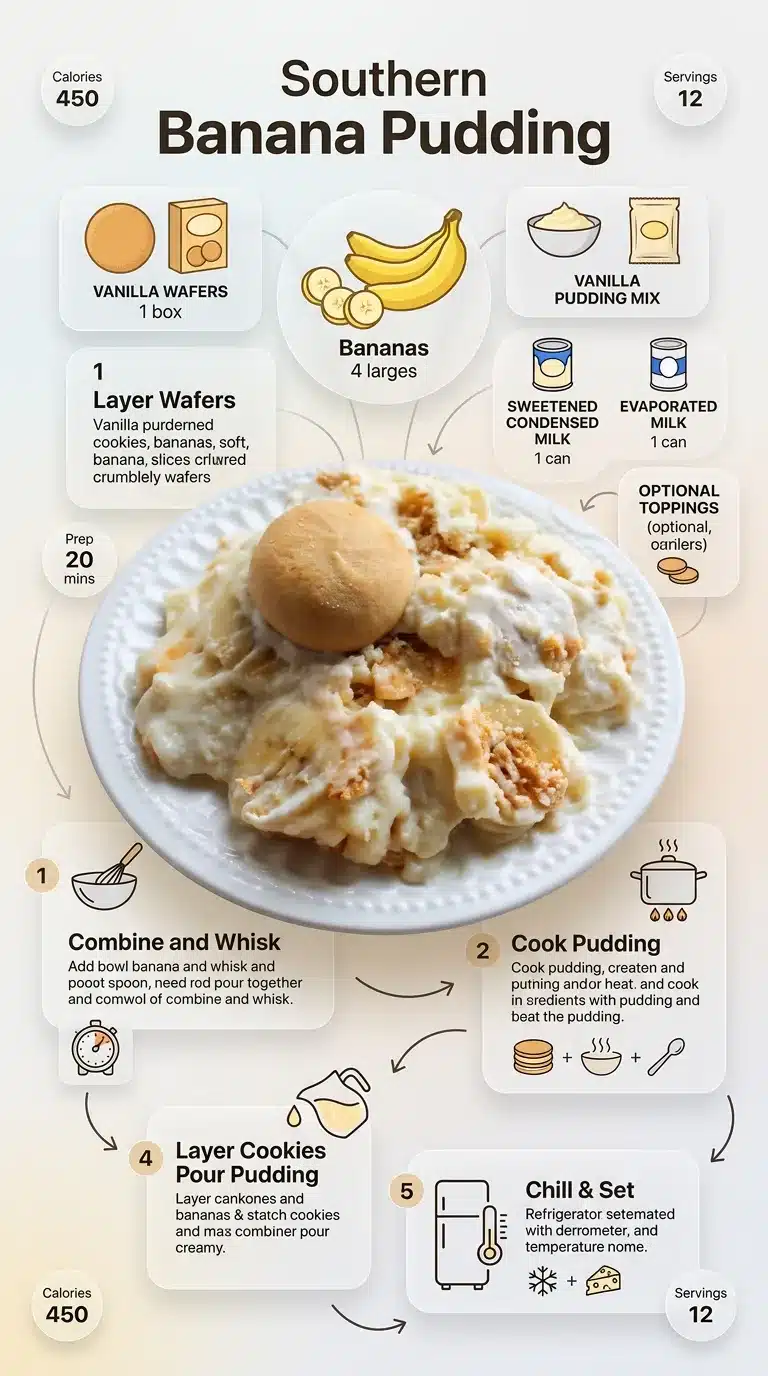 Ultra clean modern infographic of Southern Banana Pudding, showing plated dessert, ingredients with icons, and step-by-step prep. Vertical 9x16.