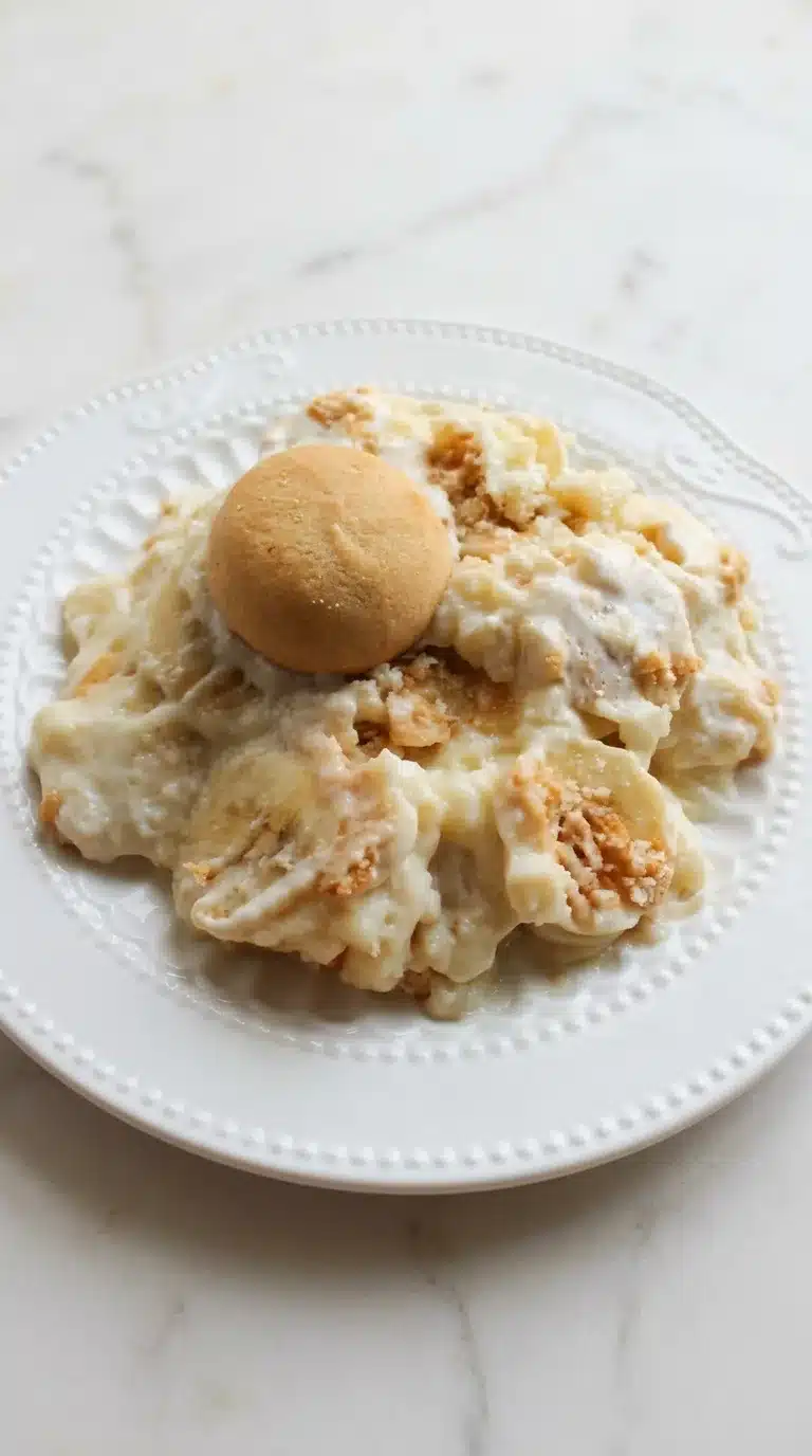 Photorealistic Southern Banana Pudding Recipe, ready to serve on white marble, captured with natural light and a home kitchen feel.