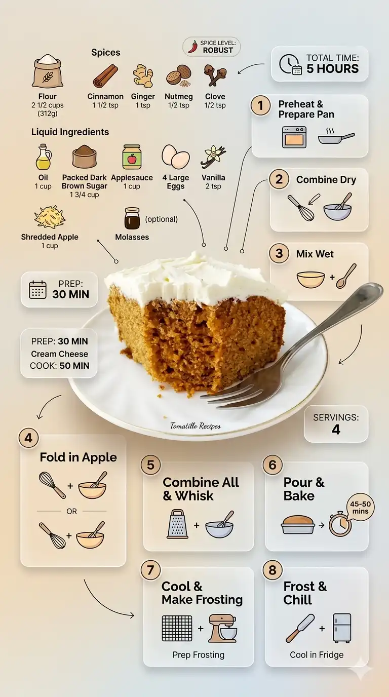 Infographic for a Super Moist Spice Cake recipe. Features the finished cake, ingredients with quantities, and step-by-step cooking instructions.