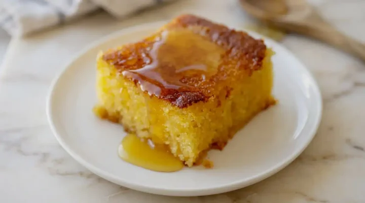 Sweet and Moist Honey Cornbread, golden brown and ready to serve on white marble. A delicious homemade comfort food.