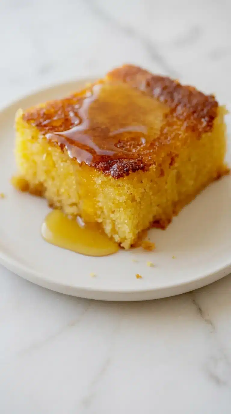 Sweet And Moist Honey Cornbread Deliciously sweet and moist honey cornbread, freshly baked and ready to serve on a clean white marble surface.