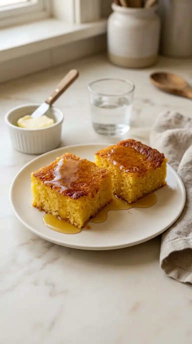 Sweet And Moist Honey Cornbread Photorealistic image of sweet and moist honey cornbread, freshly baked and served as part of an everyday meal, ready to eat.