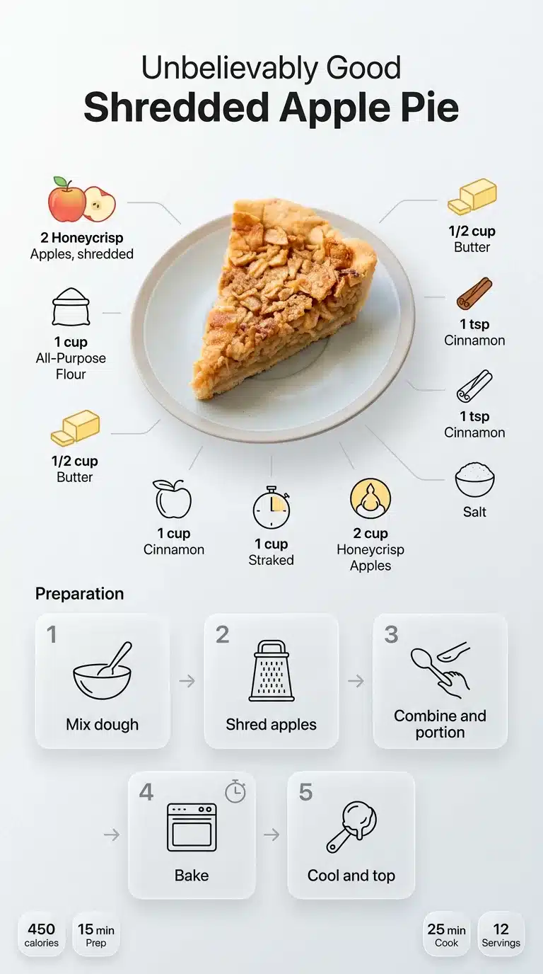Unbelievably Good Shredded Apple Pie Infographic for Unbelievably Good Shredded Apple Pie, showing finished pie, ingredients, and steps in a modern, clean 9:16 design.