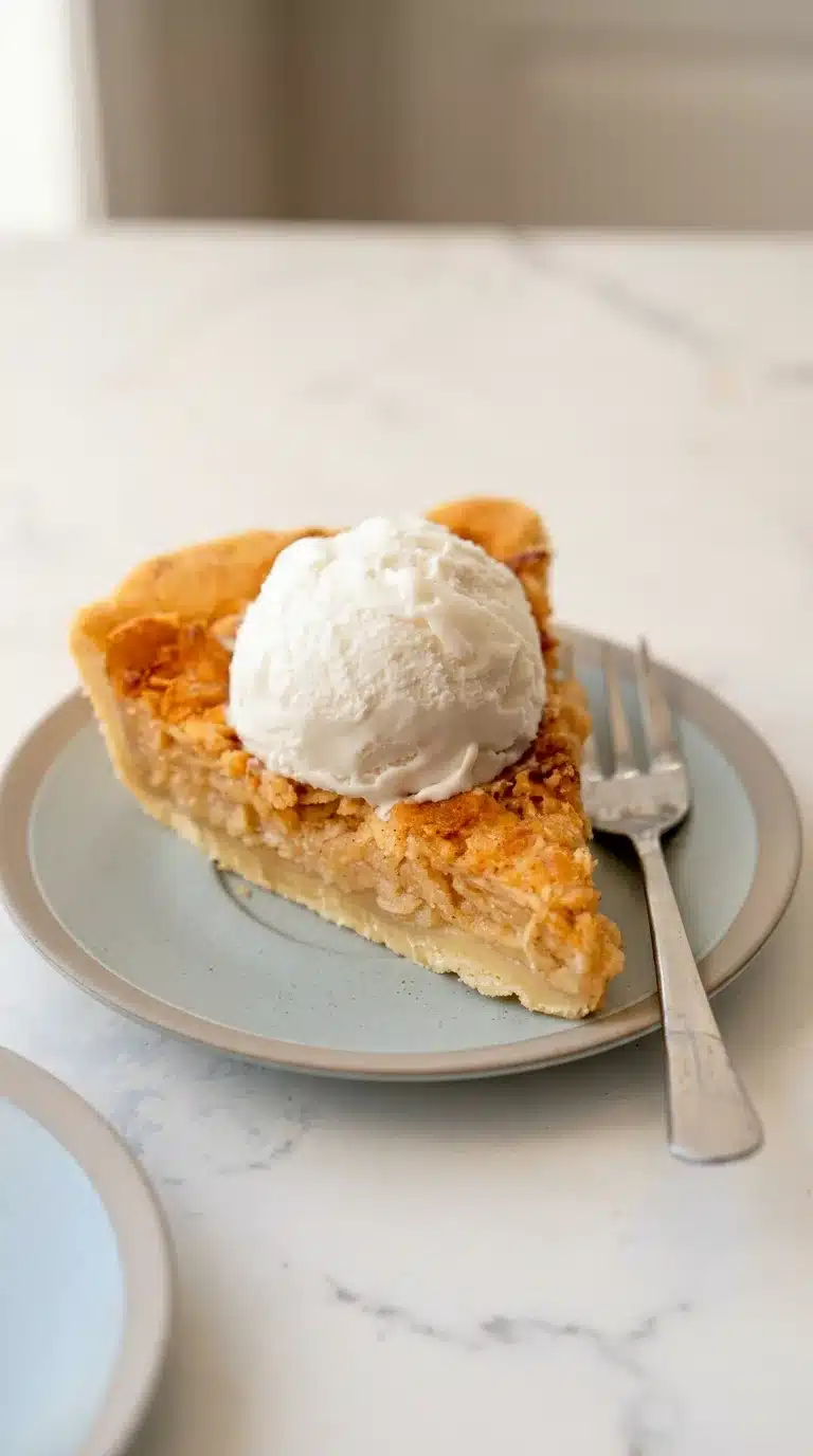 Unbelievably Good Shredded Apple Pie Photorealistic food photography of Unbelievably Good Shredded Apple Pie, freshly cooked and ready to serve on white marble with natural daylight.