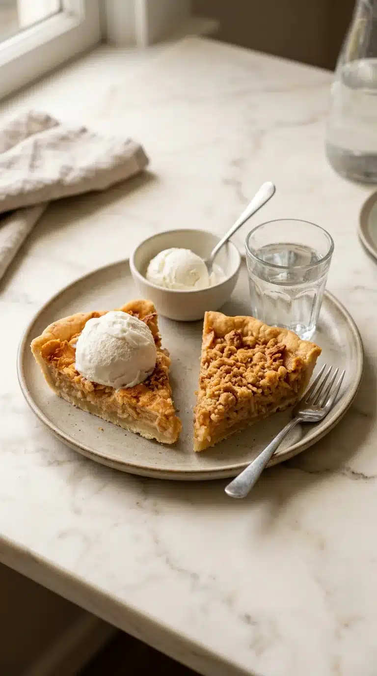 Unbelievably Good Shredded Apple Pie Photorealistic Unbelievably Good Shredded Apple Pie, warm, freshly baked, and ready to eat, served on clean white marble.