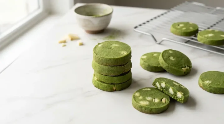 Freshly baked White Chocolate Matcha Cookies on a clean white marble surface, captured with natural light for a home kitchen feel.
