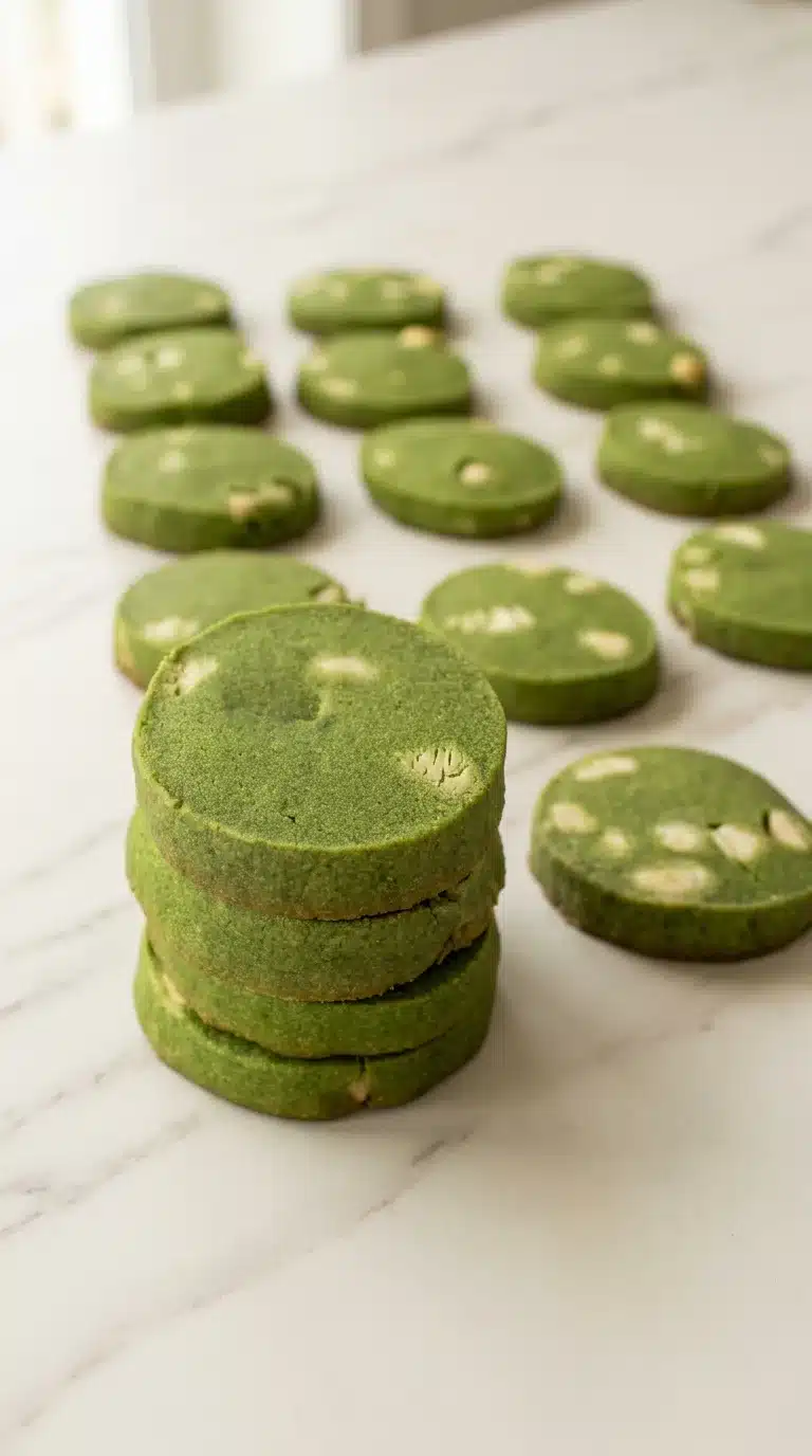 Photorealistic white chocolate matcha cookies, naturally plated and ready to serve on white marble. Freshly baked with true-to-life colors.