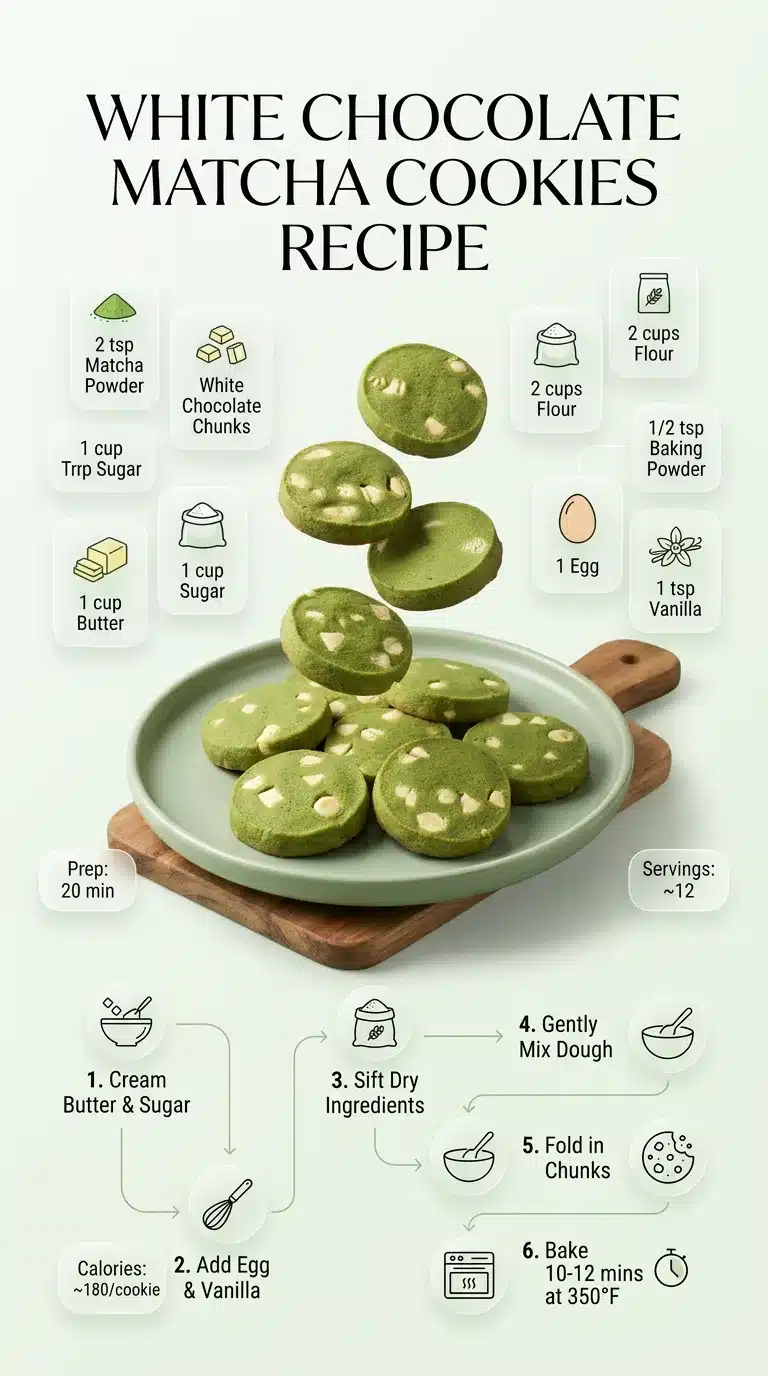 Infographic: White Chocolate Matcha Cookies recipe. Features plated cookies, ingredient icons with quantities, and step-by-step prep. Social feed optimized.