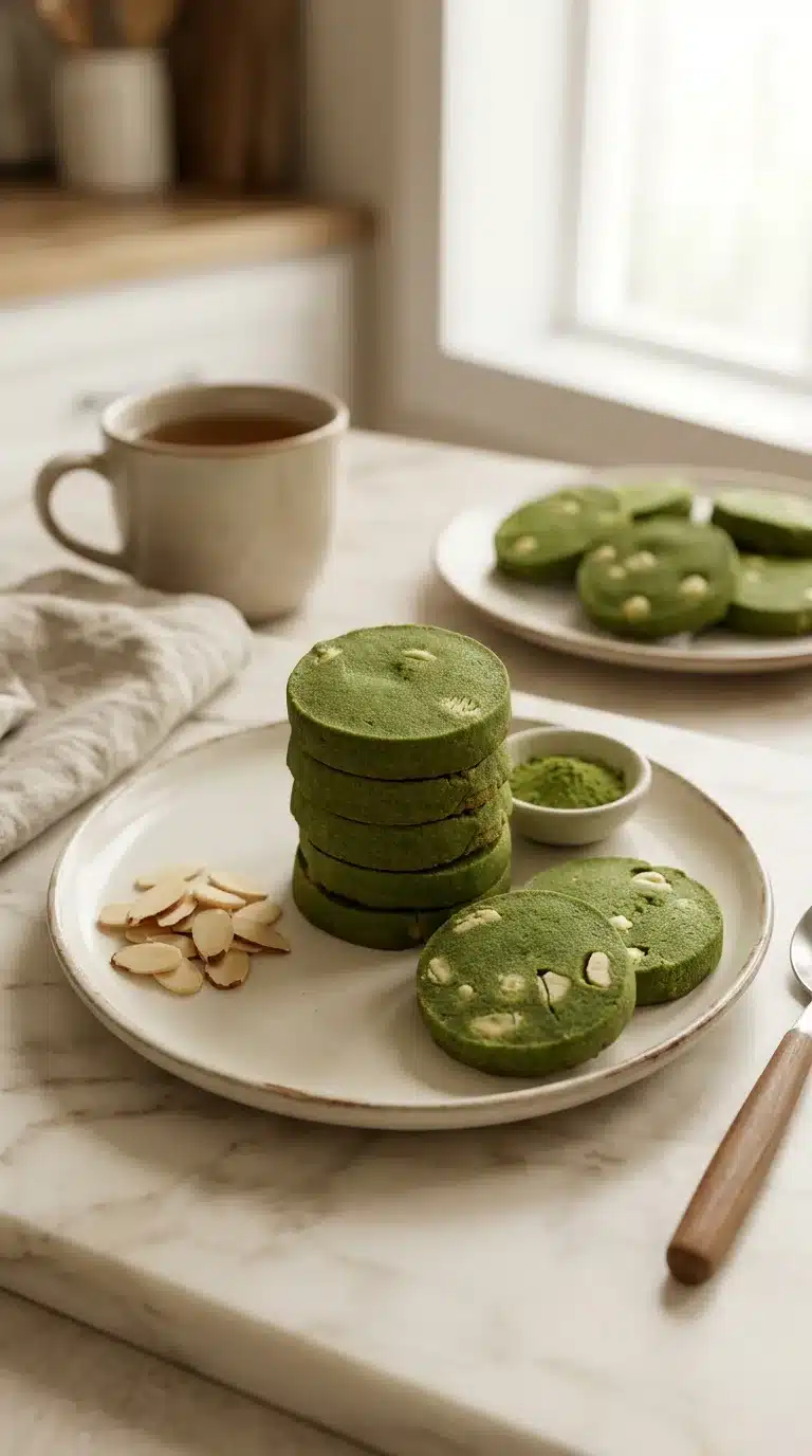 Photorealistic White Chocolate Matcha Cookies, freshly baked and served on white marble in a home kitchen setting, 9:16 vertical.