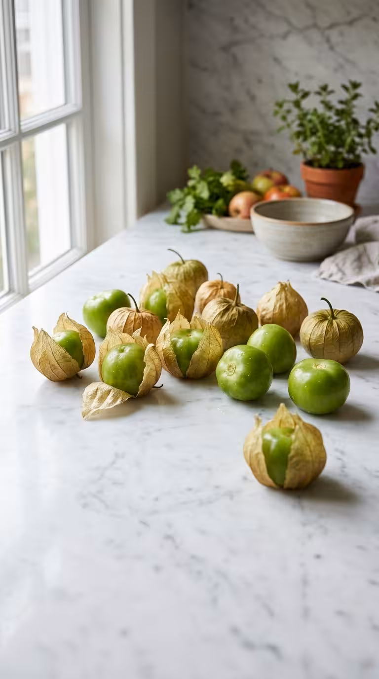 Fresh tomatillos with husks peeled back on white marble showing waxy green skin and sticky surface