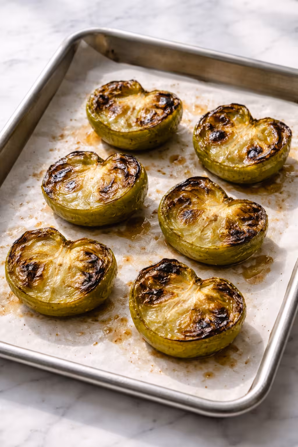 Six roasted tomatillo halves on a baking sheet, skin blistered and charred, collapsing after roasting
