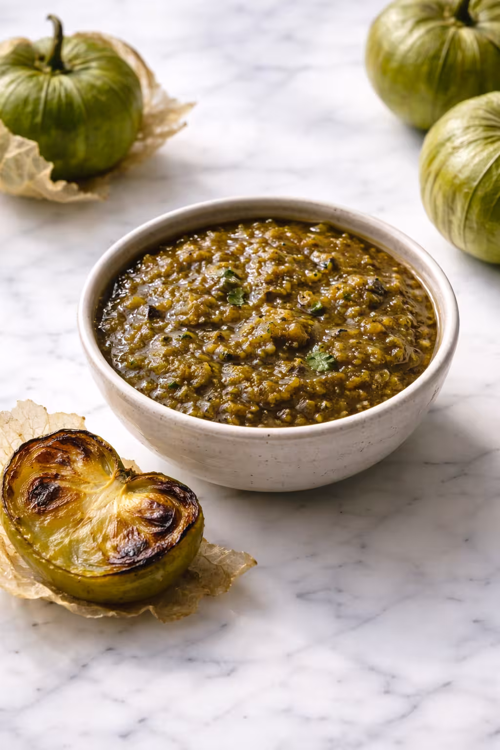 Roasted tomatillo salsa verde in a small bowl on white marble with charred tomatillo halves beside it
