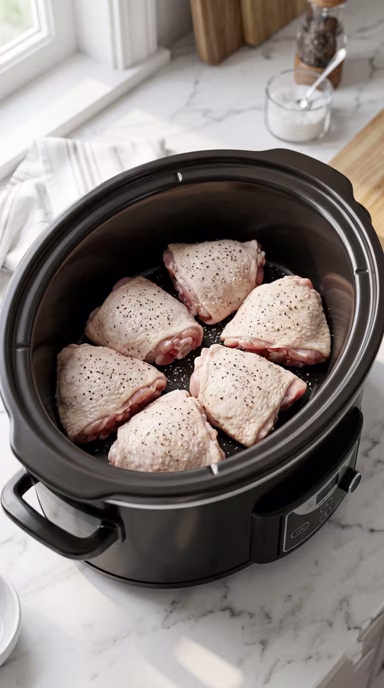Raw bone-in chicken thighs seasoned with salt and pepper in a black slow cooker insert.