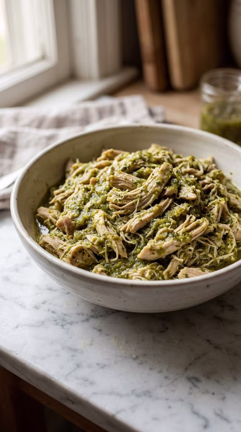Slow Cooker Tomatillo Chicken, finely shredded, in a rustic beige ceramic bowl on a marble counter.