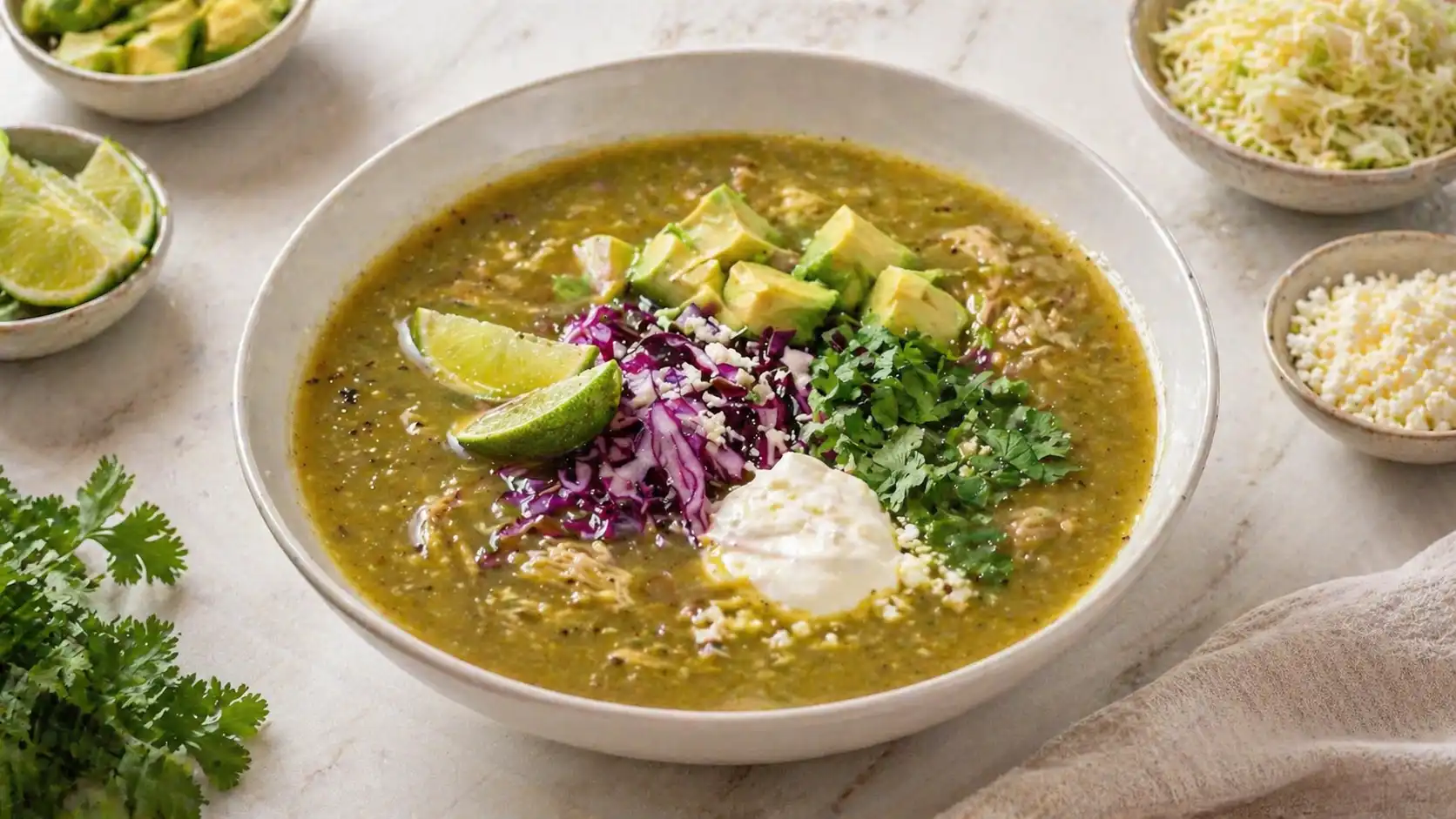 Tomatillo chicken soup topped with avocado, cabbage, cilantro, lime, crema, and shredded chicken in a bowl on marble surface