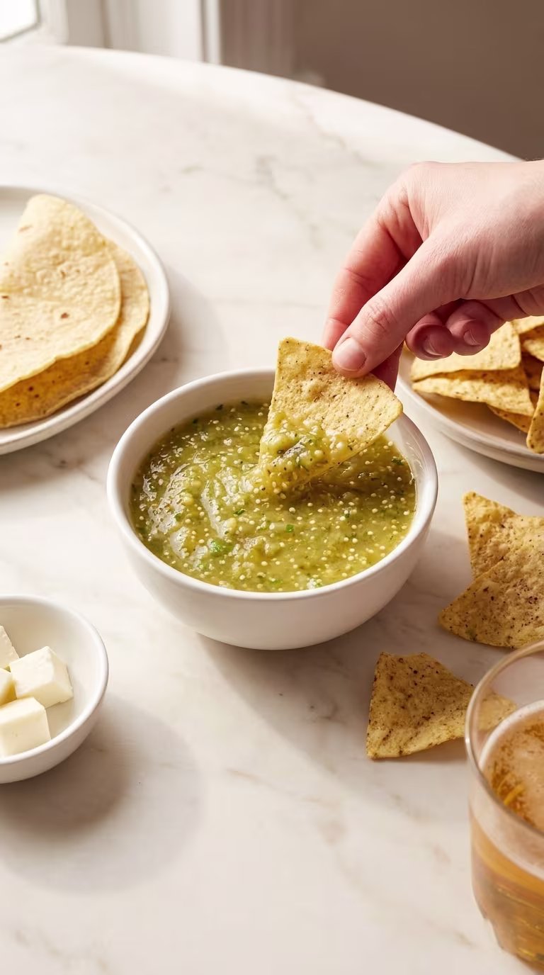 A high-resolution, overhead shot on a marble table showing a hand dipping a corn tortilla chip into a white bowl of chunky tomatillo salsa verde. The scene includes a plate of soft corn tortillas, loose tortilla chips, a small bowl of queso blanco, and a glass of beer.