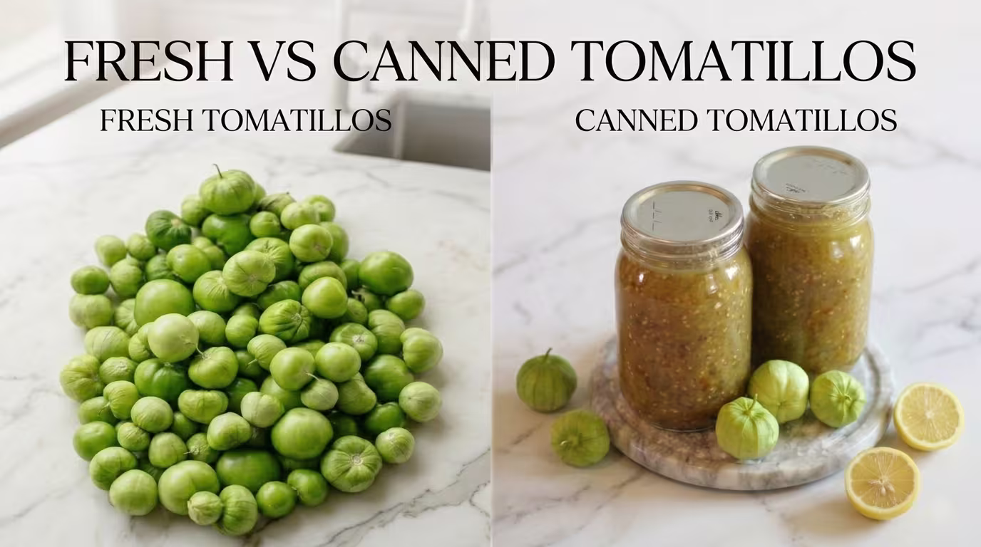 A split-screen comparison on a marble kitchen counter showing a large pile of fresh green tomatillos on the left and two glass jars of canned tomatillo salsa on the right.