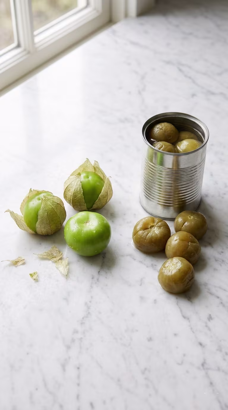 Fresh green tomatillos with husks next to open can of canned tomatillos showing color and texture difference