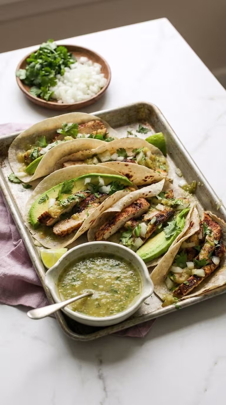 An angled, eye-level shot of grilled Tomatillo Chicken Tacos with Salsa Verde on a metal tray, featuring fresh avocado slices, cilantro, and onions on a white marble table.