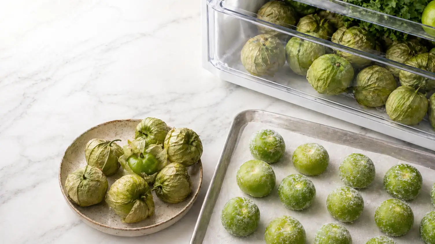 How to store tomatillos showing fridge freezer and counter storage methods with husk intact
