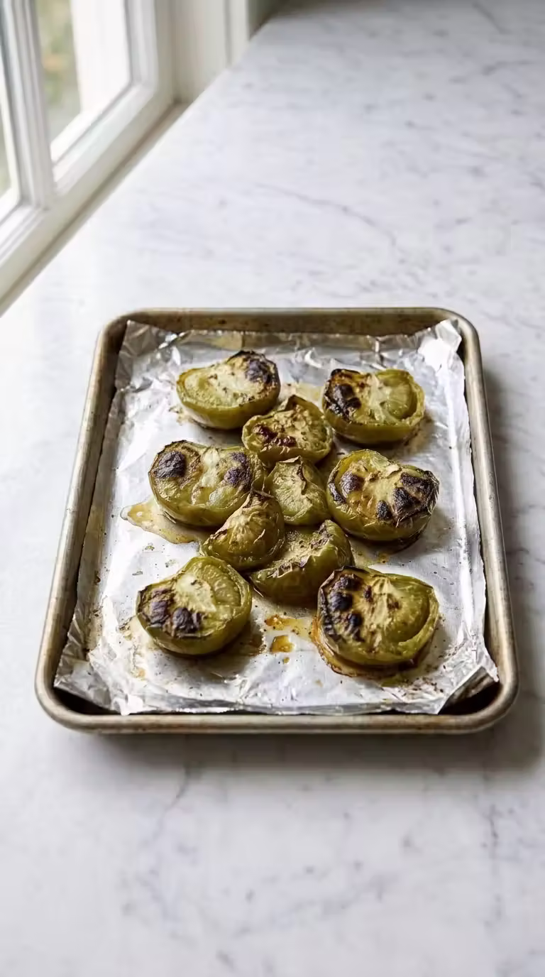 Roasted tomatillos on foil lined baking sheet showing collapsed wrinkled skin and light char edges