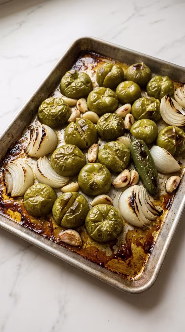 A close-up vertical shot of roasted tomatillos with blistered skins, charred white onions, roasted garlic cloves, and a jalapeño on a metal baking sheet over a white marble surface.