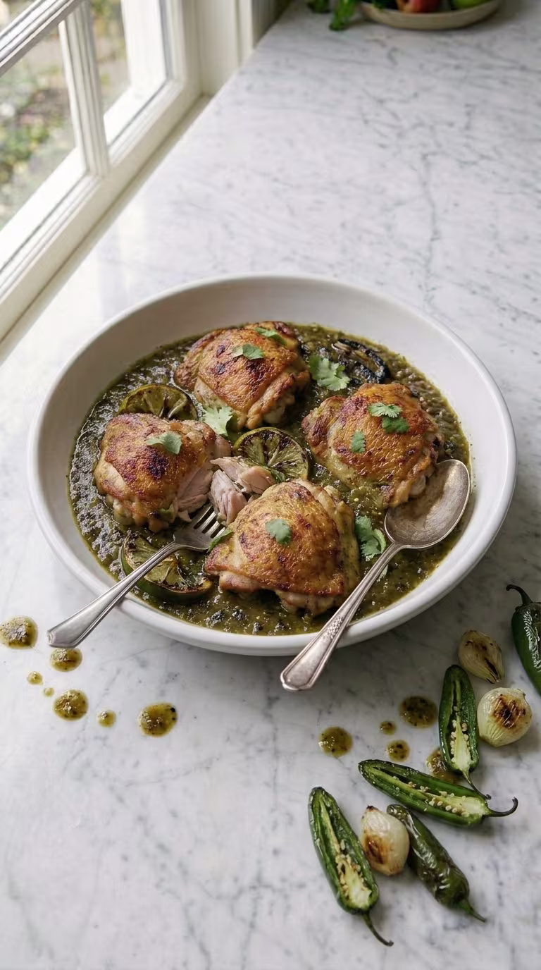 Tomatillo chicken thighs in roasted green tomatillo sauce with cilantro and lime in a cast iron skillet