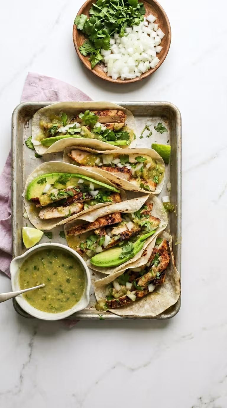 Top-down view of grilled Tomatillo Chicken Tacos with Salsa Verde, sliced avocado, diced onions, and fresh cilantro on a rustic metal baking sheet with toppings.
